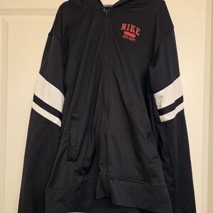 Nike Black Hoodie with White Stripes and Red Logo